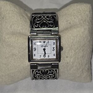 Brighton Silver and Black Terressa Heart Motif Black Italian Leather‎ Band Watch